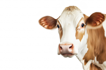 A close-up portrait of a curious brown and white cow looking directly at the camera against a clean white background. suitable for agricultural themes. animal husbandry. or dairy industry use