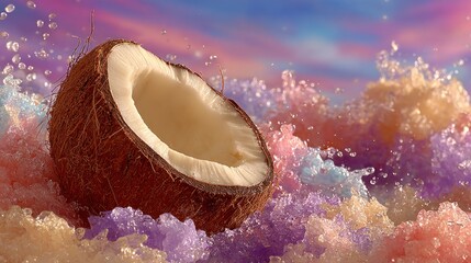 A vibrant and artistic image of a coconut amidst colorful splash, fresh and tropical