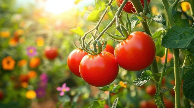Ripe red tomatoes hanging on the vine in a sunlit garden surrounded by green leaves and colorful blurred flowers, warm vibrant and fresh mood - Powered by Adobe