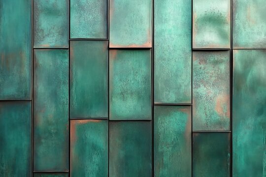 weathered verdigris metal panels with oxidized copper highlights in a staggered rectangular grid, textured seams and an aged, tranquil appearance