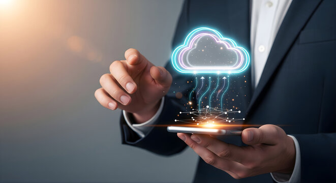 Cloud Computing and Mobile Technology with Businessman Holding Smartphone Displaying Neon Cloud Connected to Network Offering Modern Business Solutions in Digital Age and Data Transformation