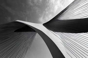 soaring curved concrete arches with a fan of suspension cables in dramatic black and white, dynamic upward perspective conveying awe and grandeur
