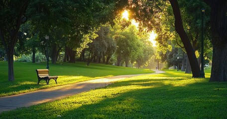 empty wooden bench beside a curving paved path in a sunlit green park with trees, lampposts and warm golden-hour light, evoking peaceful solitude