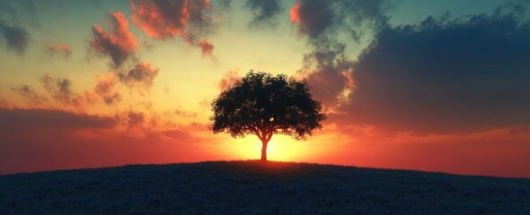 Solitary tree silhouette on a grassy hill at a vibrant sunset with dramatic colorful clouds, evoking peaceful solitude and calm