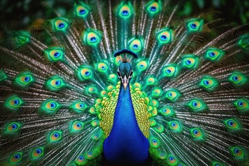 Majestic peacock with iridescent blue and green plumage displaying a full fanned tail of eye-spotted feathers, facing forward with a proud regal gaze