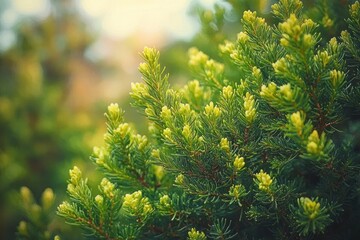 Fototapeta premium close-up of evergreen shrub with bright yellow-green new growth tips bathed in warm sunlight, evoking a fresh and peaceful spring renewal
