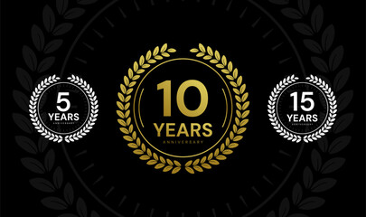 5 years, 10 years, 15 years anniversary badge logo design. Elegant celebration anniversary emblem set.