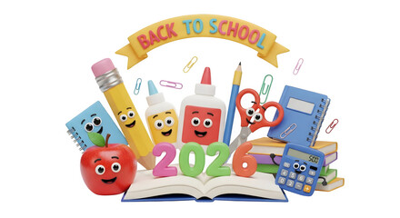 Back to school 2026 supplies banner animation character set.