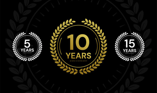 5 years, 10 years, 15 years anniversary badge logo design. Elegant celebration anniversary emblem set.