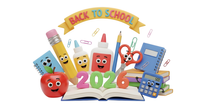 Back to school 2026 supplies banner animation character set.