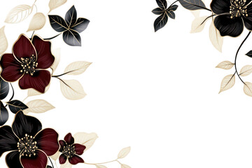 Elegant floral design featuring dark red and black flowers with delicate leaves on a soft white background. perfect for invitations or decorative purposes