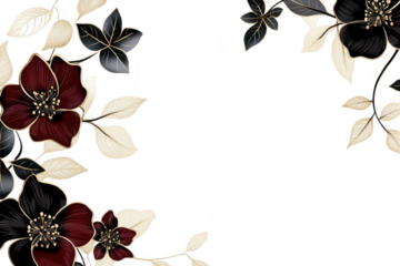 Elegant floral design featuring dark red and black flowers with delicate leaves on a soft white background. perfect for invitations or decorative purposes