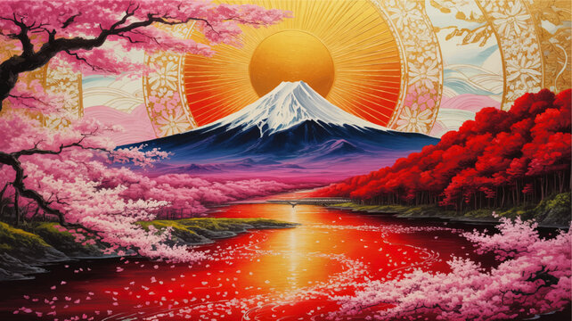 Vibrant Mount Fuji landscape with cherry blossoms, glowing red river and golden rising sun in stylized Japanese fantasy art