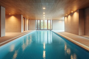 Tranquil indoor lap pool with calm blue water, wooden slatted ceiling, recessed lights, beige tiled walls and large glass windows overlooking greenery