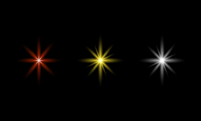 Colorful Starbursts on Black Background Geometric Designs and Bright Light Flares