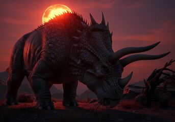 Fototapeta premium Majestic Triceratops Silhouette Against a Fiery Sunset Sky.