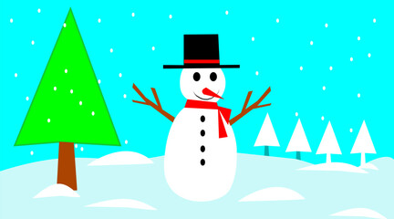 Vector landscape of a snowman and a Christmas tree