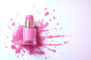 vibrant pink nail polish bottle with gold cap surrounded by glossy spilled pink polish splatter on clean white background, playful and energetic