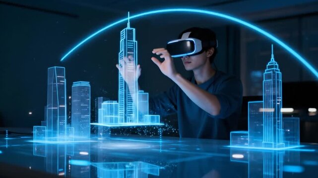 Professional architect examining holographic blue wireframe city model on table