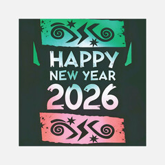 Happy New Year 2026 typography design with colorful grunge banners and tribal ornaments on dark background