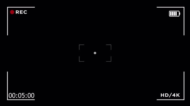 Camera recording frame animation with alpha channel. Video viewfinder overlay showing rec indicator and timecode