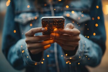 Close-up of hands holding a smartphone in a denim jacket surrounded by warm glowing orange lights, conveying wonder and cozy connection