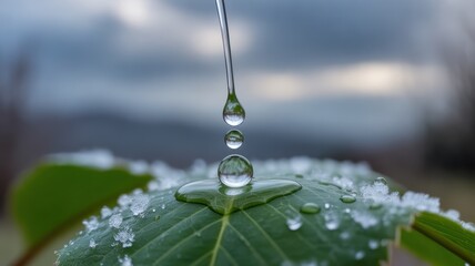 Fresh water droplets falling onto a frosty green leaf surface.