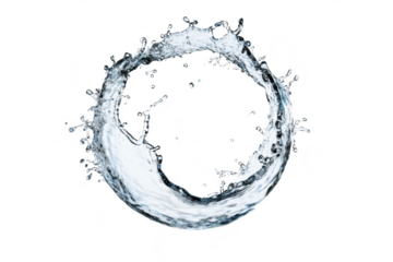 A dynamic splash of clear water forming a circular shape against a white background. capturing the fluid motion and energy. ideal for use in design or advertising related to freshness or purity