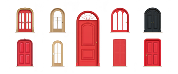 A collection of various door designs different styles. colors. and shapes. set against a clean white background. ideal for architectural inspiration or home decor projects