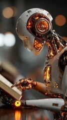 The symbiosis of technology and learning in a futuristic era. Futuristic technology. Futuristic robot absorbing knowledge in a high-tech learning space. Ai integration. Tech collaboration.
