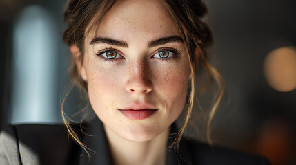 A confident woman in business attire exudes professionalism and charm, ideal for corporate and lifestyle themes.