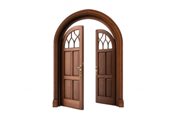 A pair of elegantly designed wooden doors with an arched frame. standing open to reveal a bright. inviting space beyond. symbolizing opportunity and new beginnings