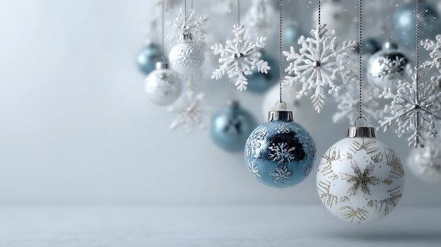 Blue and white Christmas ornaments with snowflakes hanging on light background, elegant winter holiday decoration - Powered by Adobe