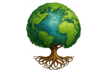 Earth globe tree growing, symbolizing environmental sustainability, ecology, nature conservation, and global green growth with roots