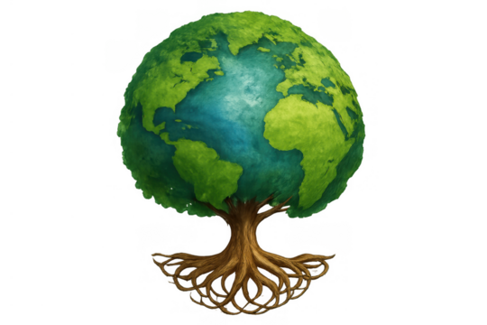Earth globe tree growing, symbolizing environmental sustainability, ecology, nature conservation, and global green growth with roots - Powered by Adobe