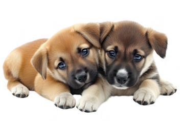 Two adorable puppies with soft fur and expressive eyes cuddle together on a clean white background. their playful nature and innocence. ideal for pet-related content