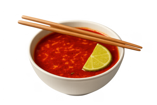 Red colored tom yum soup in a white bowl, garnished with fresh lime wedge and wooden chopsticks, transparent background