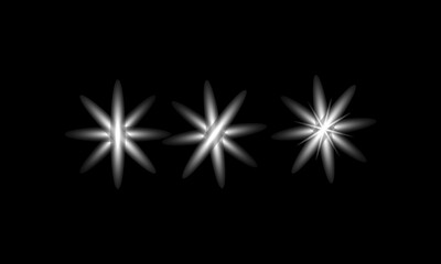 Three abstract white stars on black background with radial blur effect