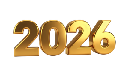Golden 3d render of the year 2026 isolated on transparent background