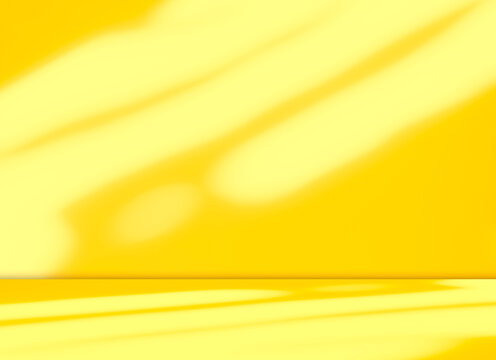 Yellow background wall gradient orange color studio room solid podium with shadow leaf on floor, backdrop summer tropical autumn season, stage template platform for presentation product promotion - Powered by Adobe