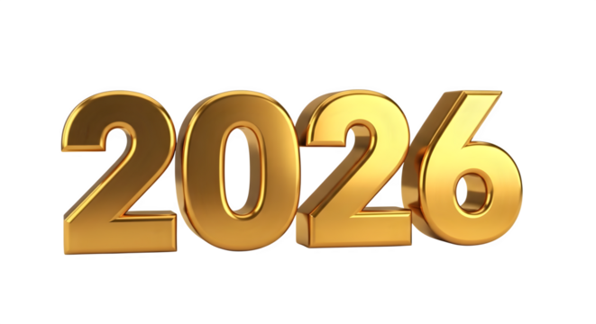 Golden 3d render of the year 2026 isolated on transparent background