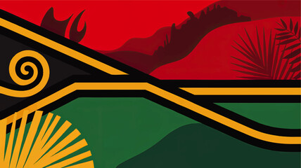 Abstract Vanuatu flag inspired illustration with red sunset landscape, green hills, golden tribal spiral and bold geometric lines