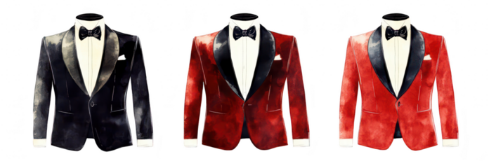 A collection of three elegant tuxedo jackets in black. white. and red. displayed in a stylish arrangement. formal fashion for events like weddings or galas