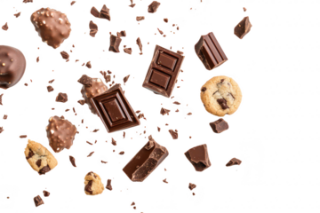 A delightful arrangement of various chocolate pieces and cookies scattered on a clean white background. evoking a sense of indulgence and sweetness perfect for dessert-themed promotions