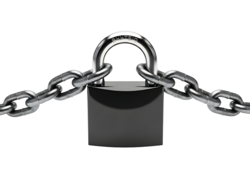 Padlock and chain secured, isolated on transparent background