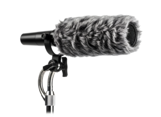 Shotgun microphone with windjammer isolated on transparent background