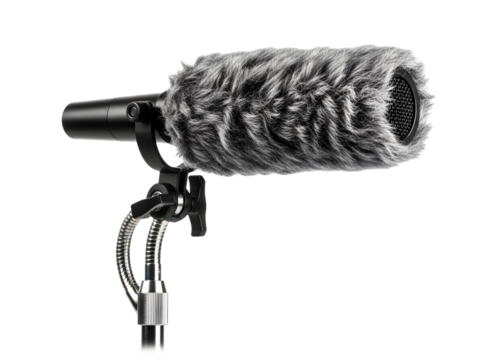 Shotgun microphone with windjammer isolated on transparent background