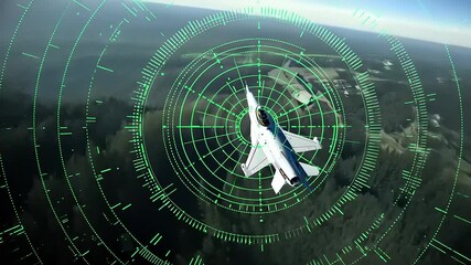 Futuristic fighter jet navigating through a digital radar display above a rugged landscape - Powered by Adobe