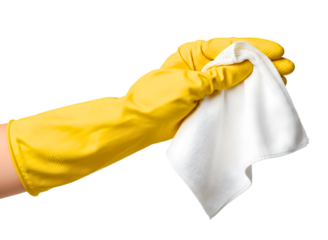 Hand wearing yellow rubber glove holding a white cleaning cloth isolated on transparent background