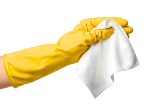 Hand wearing yellow rubber glove holding a white cleaning cloth isolated on transparent background